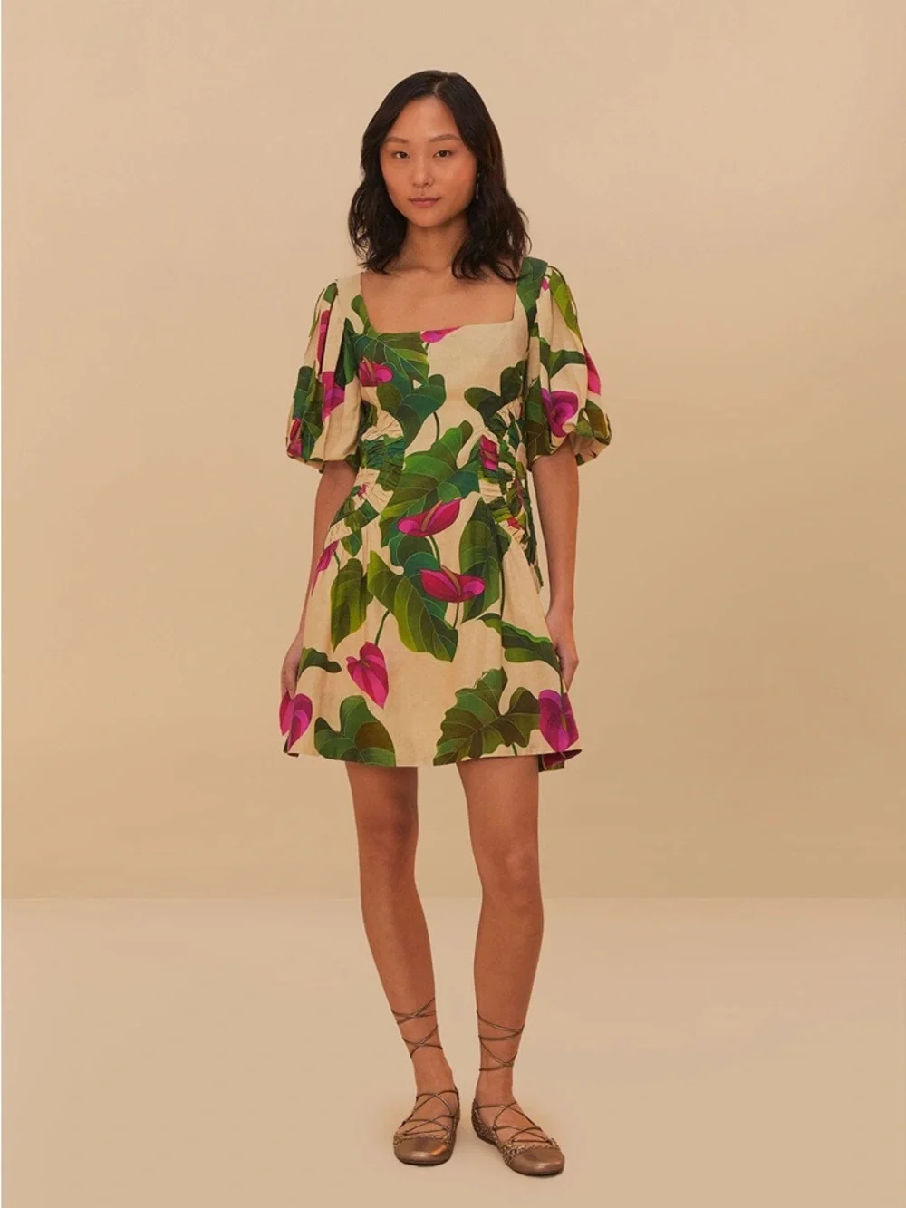Farm Rio Anthurium Leaves Sand Short Sleeve Square Neckline Mini Dress - Picture 9 of 9